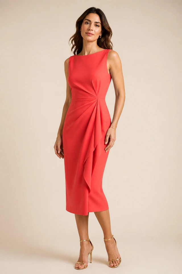 Female model wearing a sculptural coral occasion dress